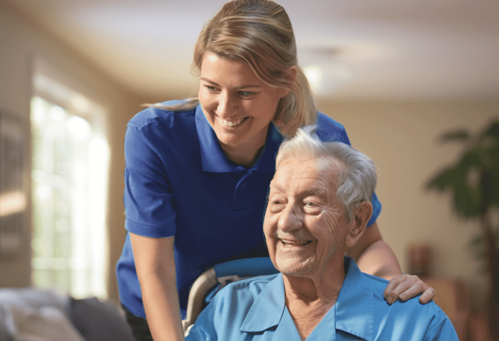 a woman helping an elderly in a wheelchair
