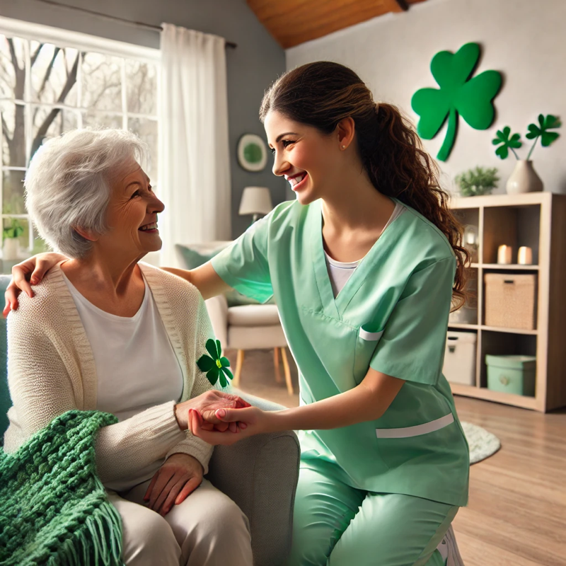 a nurse helping an elderly with a shamrock