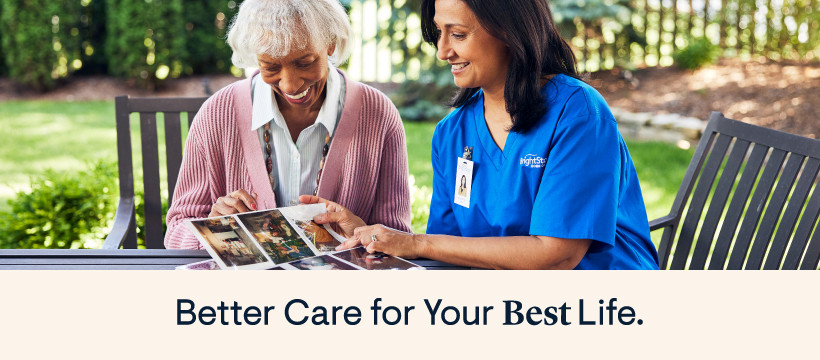a nurse and an elderly sitting on a bench with the text better care for your life